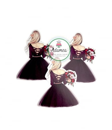 Doamne si domnisoare - Topper de tort  personalizat cu element special din carton sub forma de  domnisoara blonda cu rochie de gala grena si buchet de flori