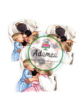 Topper de tort cu element special din carton sub forma de familie cu mama, tata, baietel si fetita bruneti