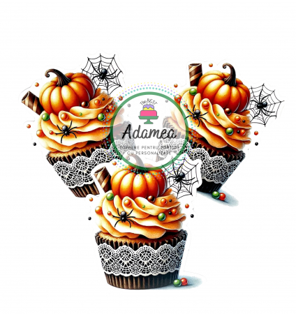 Halloween - Topper de tort cu element special din carton sub forma de capcake sau briosa cu dovlecel de Halloween