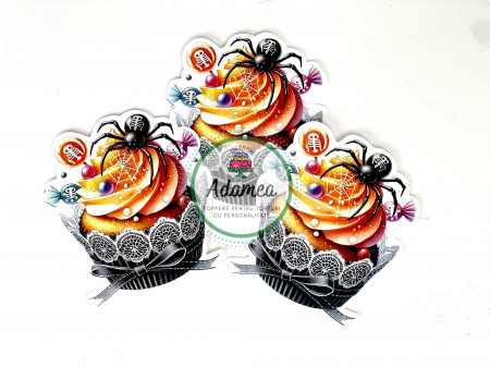 Halloween - Topper de tort cu element special din carton sub forma de cupcake sau briosa cu paianjan si bomboane otravite
