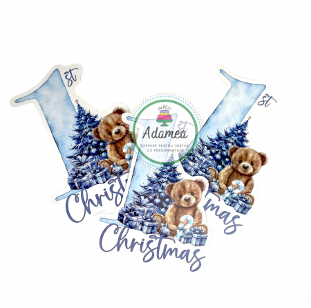 Topper de tort cu element special din carton sub forma de bradut bleu cu ursulet cu 1-st Christmas