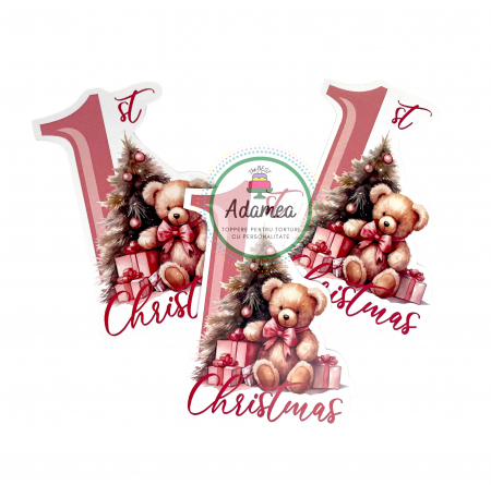 Topper de tort cu element special din carton sub forma de bradut roz cu ursulet cu 1-st Christmas