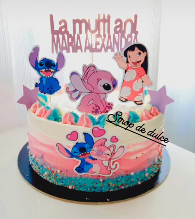 Topper de tort  personalizat cu element special din carton sub forma de  Angel si Stitch imbratisati [4]