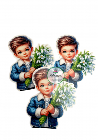 Martisor - Topper de tort  personalizat cu element special din carton sub forma de  baietel cu floricele pentru mana
