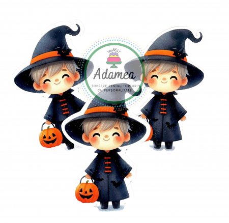 Halloween - Topper de tort cu element special din carton sub forma de baietel vrajitor plecat la colind de Halloween
