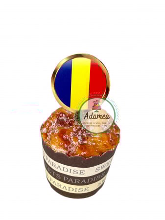 1 Decembrie - Romania - Topper de tort cu element special din carton sub forma de  banut cu contur tip auriu si drapelul Romaniei