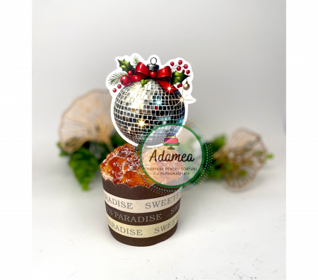 Topper de tort cu element special din carton sub forma de bila cu oglinzi de disco Craciun