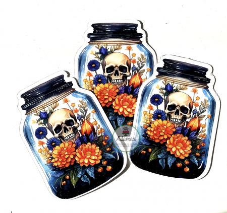 Halloween - Topper tort cu element din carton cu borcan cu craniu si dovleci de Halloween