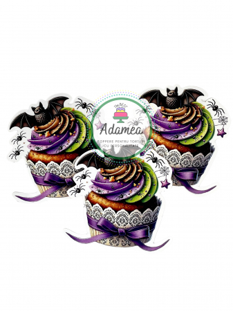 Halloween - Topper de tort cu element special din carton sub forma de capcake sau briosa cu liliac de Halloween