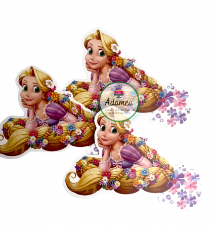Rapunzel - Topper de tort personalizabil realizat din carton cu decor tip cartonas cu bust de Rapunzel cu flori in par