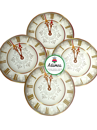 Revelion - Topper de tort  personalizat cu element special din carton sub forma de cadran de ceas crem cu galben tip auriu si fulg de zapada