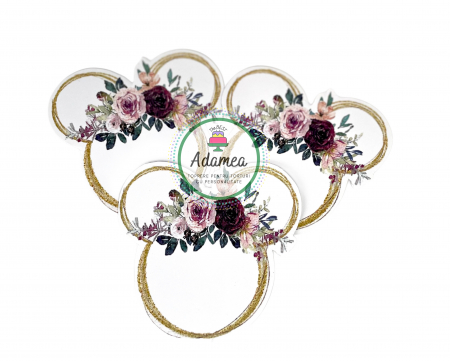 Minnie - Topper de tort cu element special din carton sub forma de cap de Minnie cu contur auriu si flori watercolor