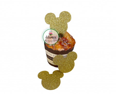 Minnie - topper de tort  personalizat cu element special din carton sub forma de  cap de Minnie auriu glitter