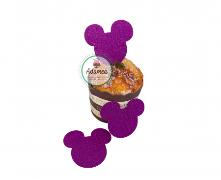 Topper de tort  personalizat cu element special din carton sub forma de  cap de Minnie roz  mov glitter
