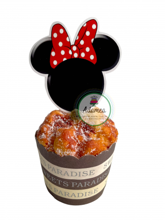 Topper de tort cu element special din carton sub forma de  cap negru de Minnie cu funda rosie cu buline albe