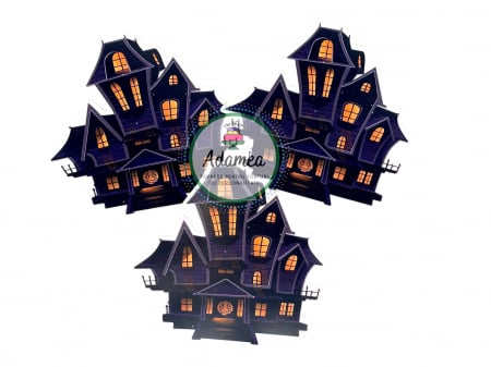 Halloween - Topper de tort cu element special din carton sub forma de castel sau casa bantuita de Halloween sau pentru Wednesday