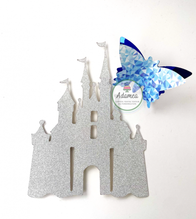 Alba ca Zapada - Topper tort cu ornament din carton tip glitter argintiu cu castel de printese