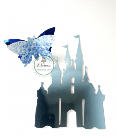 Alba ca Zapada - Topper tort cu ornament din carton bleu tip oglinda cu castel de printese