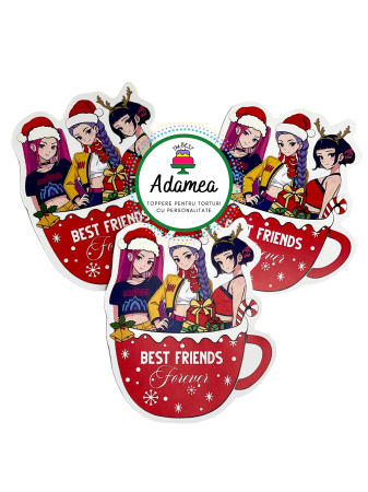 Topper de tort  personalizat cu element special din carton sub forma de cele 3 fete de la Huntrix de Craciun Best friends [1]