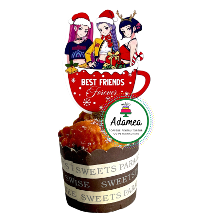 Generale - Topper de tort  personalizat cu element special din carton sub forma de cele 3 fete de la Huntrix de Craciun Best friends
