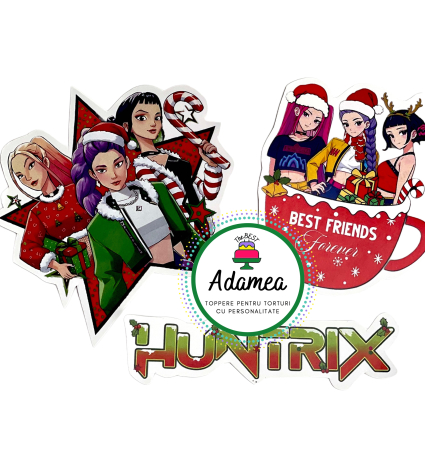 Topper de tort  personalizat cu element special din carton sub forma de cele 3 fete de la Huntrix de Craciun Best friends [2]