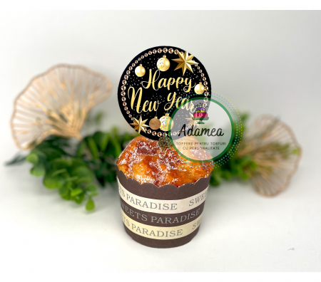 Revelion - Topper de tort cu element special din carton sub forma de  banut  negru cu galben tip auriu cu Happy New Year