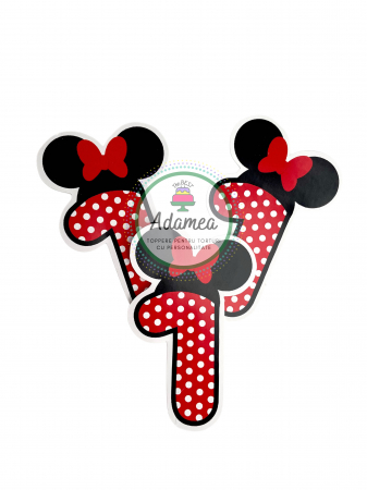 Topper de tort personalizat cu element special din carton cu cifra 1 pentru Minnie in rosu