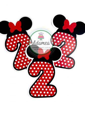 Minnie - Topper de tort personalizat cu element special din carton cu cifra 2 pentru Minnie rosu cu fundita