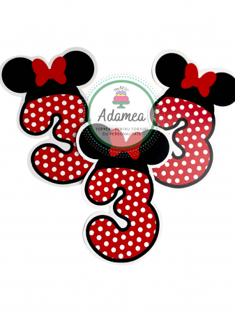 Topper de tort personalizat cu element special din carton cu cifra 3 pentru Minnie rosu cu funda