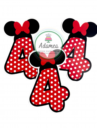 Topper de tort  personalizat cu element special din carton sub forma de  cifra 4 pentru Minnie rosie cu fundita
