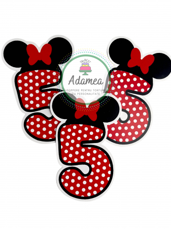 Topper de tort personalizat  cu element special din carton sub forma de  cifra 5 pentru Minnie rosu cu fundita