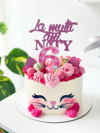 Cifre - Topper de tort cu element special din carton sub forma de cap de cifra 6 roz cu labute