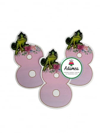 Pentru fetițe - Topper de tort  personalizat cu element special din carton sub forma de  cifra 8 roz pal cu cameleonul Pascal din Rapunzel si flori delicate