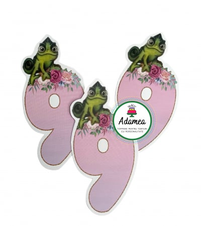 Pentru fetițe - Topper de tort  personalizat cu element special din carton sub forma de  cifra 3 roz pal cu cameleonul Pascal din rapunzel si flori delicate