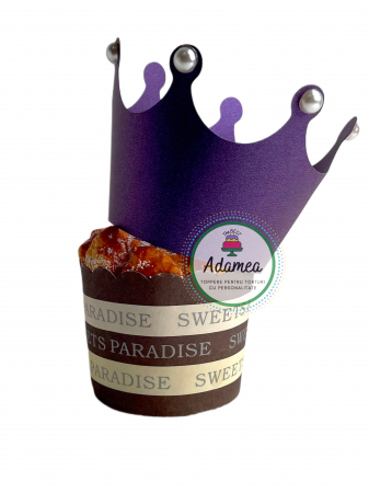 Rapunzel - Topper de tort  personalizat cu element special din carton sub forma de coronita mov sidefata inchis cu perlute acrilice