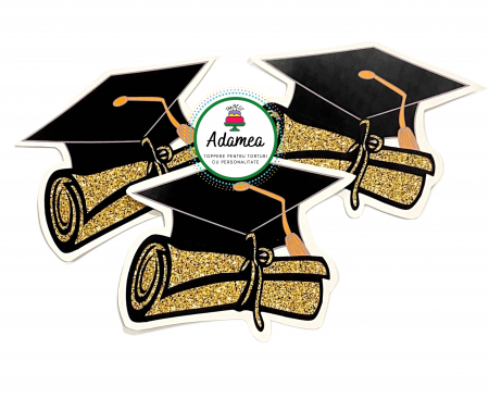 Final de an scolar - Topper de tort  personalizat cu element special din carton sub forma de toca si diploma de absolvire cu efect de auriu glitter