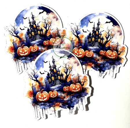 Halloween - Topper din carton pentru tort cu dovleci si castel bantuit de Halloween