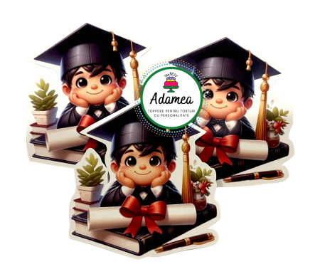 Topper de tort  personalizat cu element special din carton sub forma de elev absolvent vesel cu toca, diploma si carti