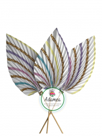 Topper de tort  personalizat cu element special din carton sub forma de evantai sau frunza de palmier cu dungi colorate si imitatie de glitter