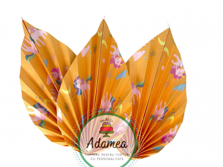 Evantaie - Frunze de palmier - Topper de tort cu element special din carton sub forma de evantai sau frunza galben cu unicorni