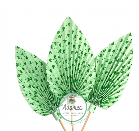 Evantaie - Frunze de palmier - Topper de tort cu element special din carton sub forma de evantai sau frunza de palmier verde deschis cu inimioare