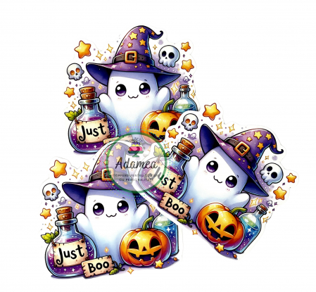 Halloween - Topper de tort cu element special din carton sub forma de cap de fantoma cu dovleac si sticluta de otrava cu Just Boo