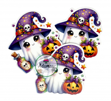 Halloween - Topper de tort cu element special din carton sub forma de fantoma cu dovleac si sticla de otrava de Halloween