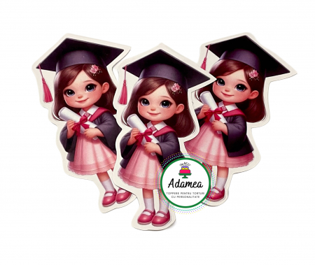 Final de an scolar - Topper de tort  personalizat cu element special din carton sub forma de fetita in roz absolventa cu toca si diploma