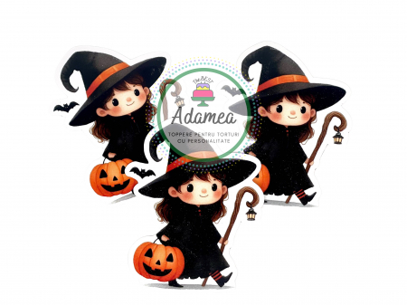 Halloween - Topper de tort cu element special din carton sub forma de fetita vrajitoare cu dovleac si toiag de Halloween