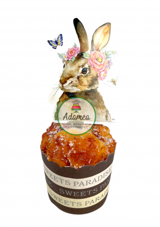 Sarbatori Pascale - Topper de tort cu element special din carton sub forma de cap de iepure cu flori, fluture si albina