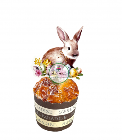 Sarbatori Pascale - Topper de tort cu element special din carton sub forma de  iepure cu oua si flori