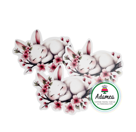 Toppere tort - Topper de tort  personalizat cu element special din carton premium de inalta calitate sub forma de iepuras care doarme pe o craca de cires