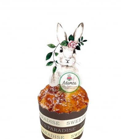 Sarbatori Pascale - Topper de tort cu element special din carton sub forma de iepure cu flori pe cap