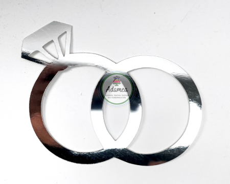 Topper tort cu decor din carton cu verighete din argintiu oglinda